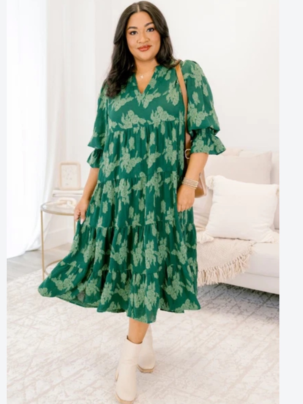 Umgee Emerald Green Printed V-Neck Midi Dress Jacquard Textured